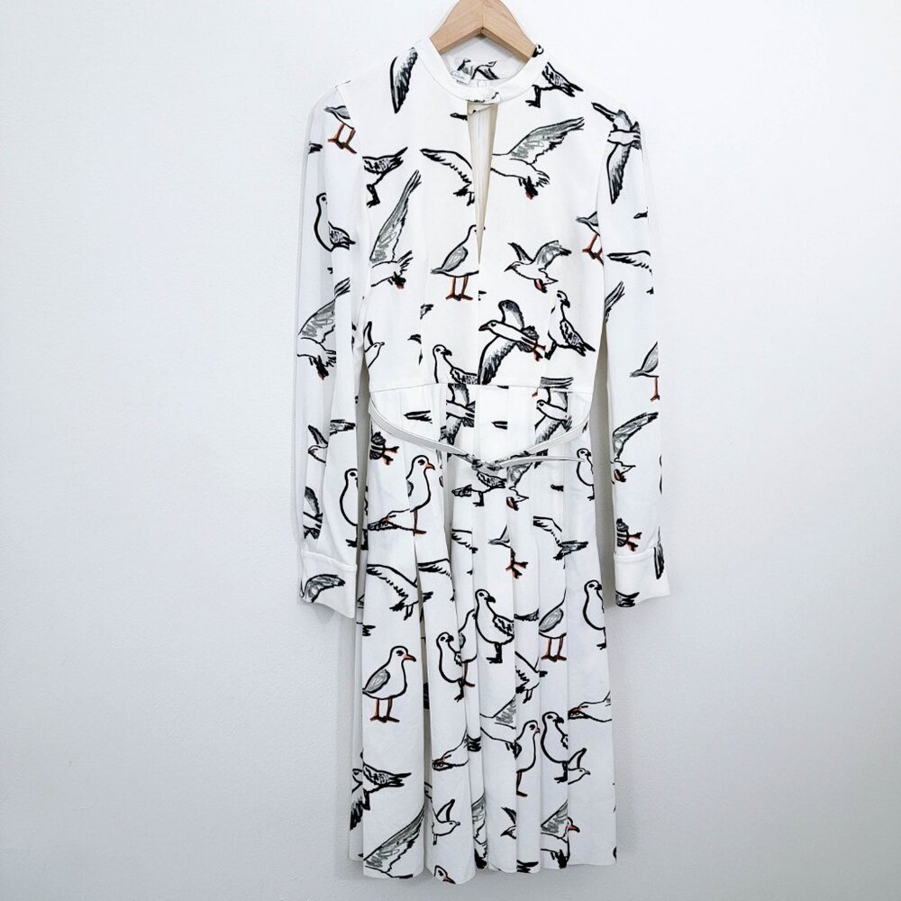 Oscar de la Renta Pre-Fall 2018 Belted Keyhole Neck Seagull Print Midi Dress 0